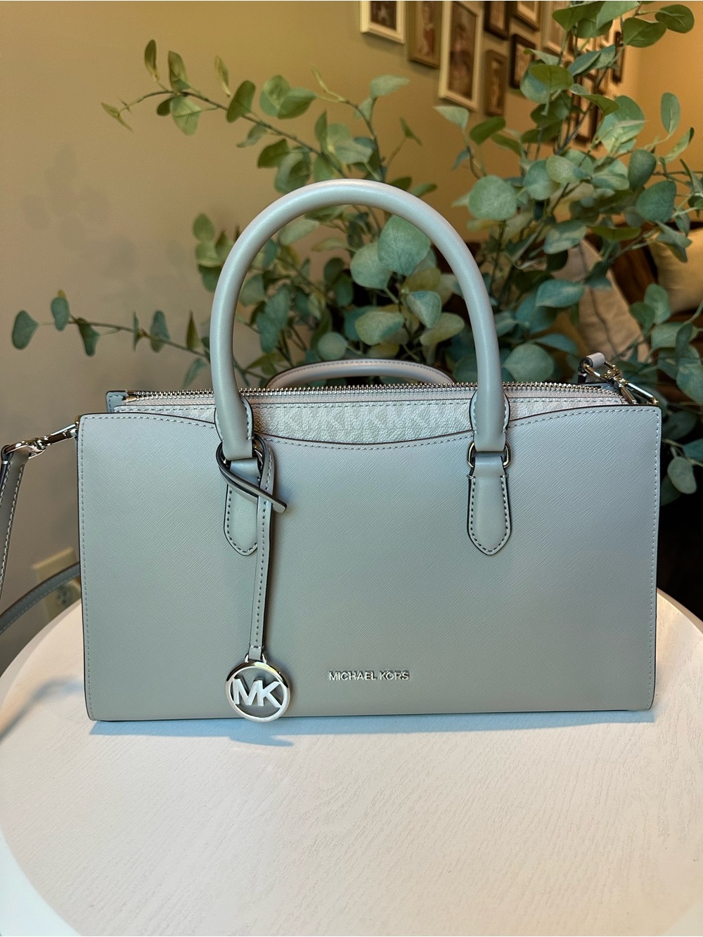 Michael Kors Light Grey Leather Satchel with MK Charm